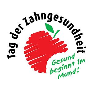 Logo Zeichnung angebissener roter Apfel mit Slogan "Tag der Zahngesundheit - Gesund beginnt im Mund"